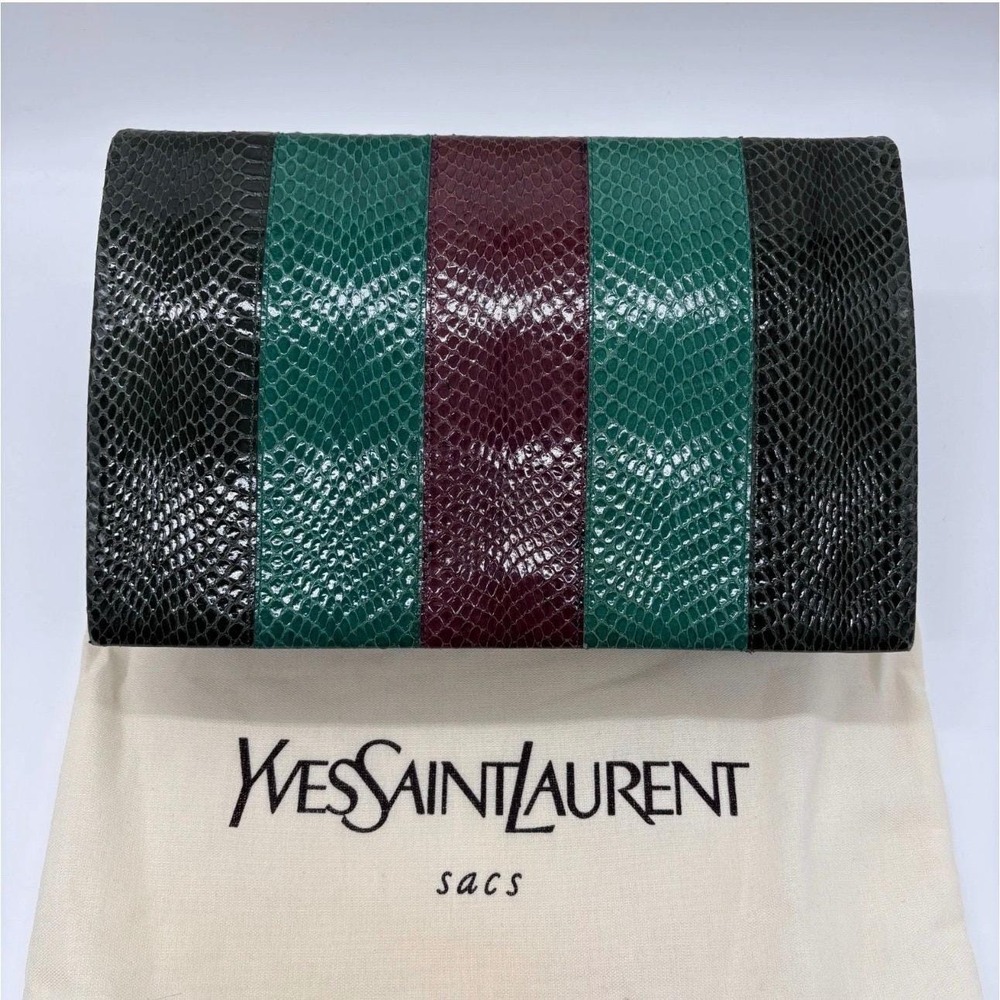 Vintage YSL Yves Saint Laurent Snakeskin Stripe Clutch Bag Green Burgundy 1970s - Picture 13 of 14